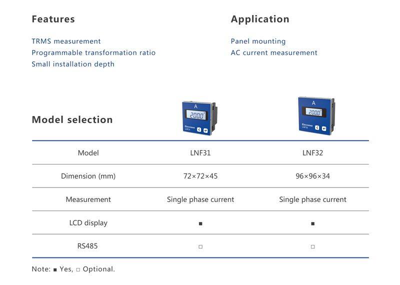 LNF32 96*96*34mm lcd panel mounted 1 phase ac digital current meter with rs485