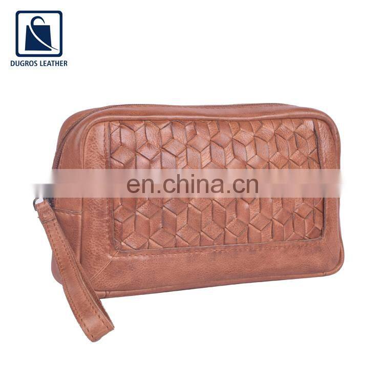 2022 Hot Sale Custom Logo Vintage Style Swiss Cotton Material Genuine Leather Makeup Zipper Pouch for Travel