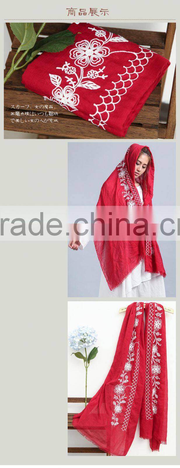 New Style Soft Long Cotton Flower Embroidery Hijab