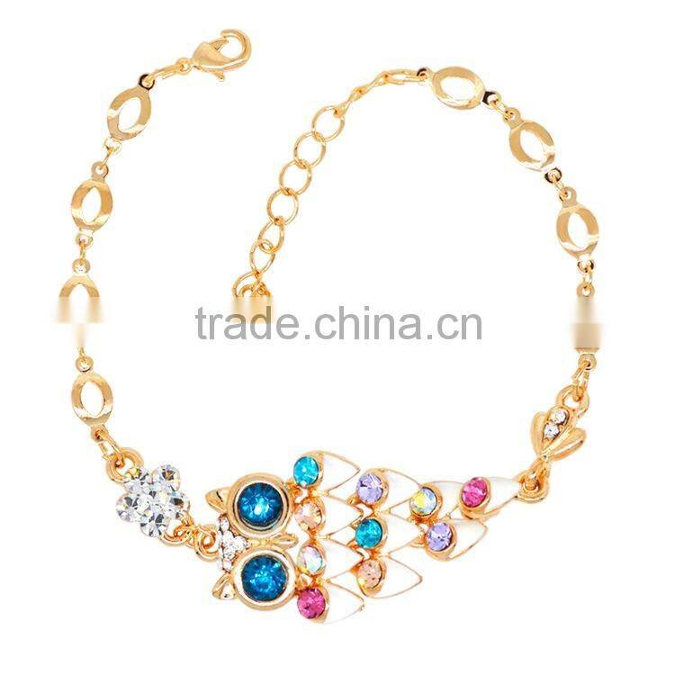Lovely Adjustable Gold Plated Colorful Owl With Green Eyes Crystal Bracelet