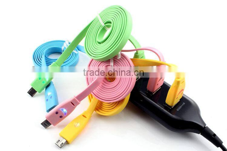 Hot sales flat noodle micro led smile face usb rope data charging cable