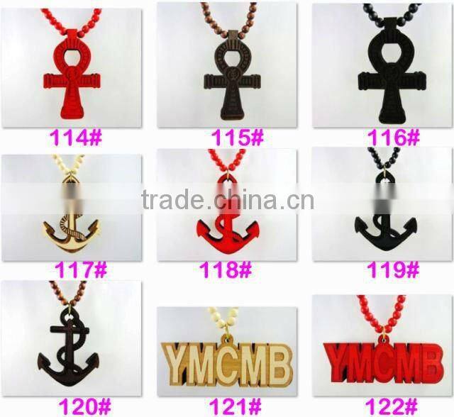 Hip Hop Face Wooden Beaded Pendant 36" Chain Necklace