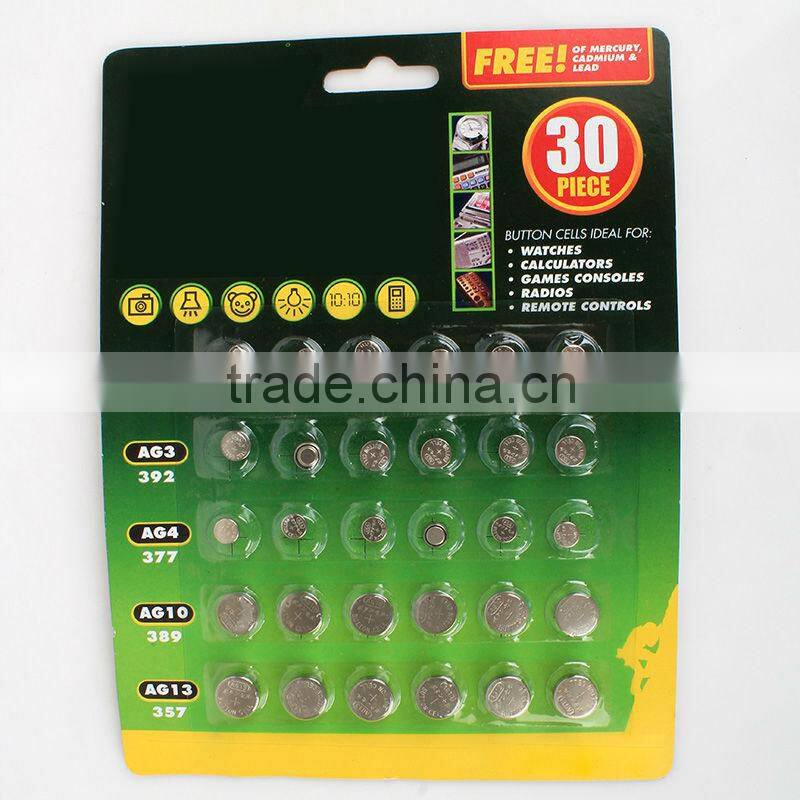 OEM service Button battery blister packing: 30pcs AG1 AG3 AG4 AG10 AG13