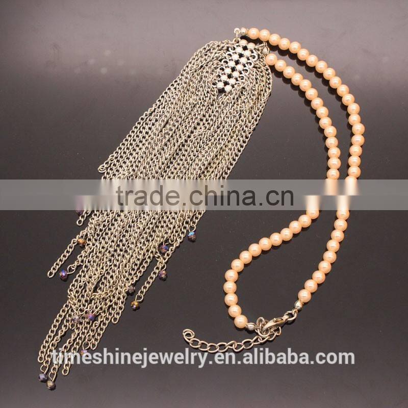 Fashion Jewelry Silver Chain Tassel Long Necklace With Glass Crystal Beads