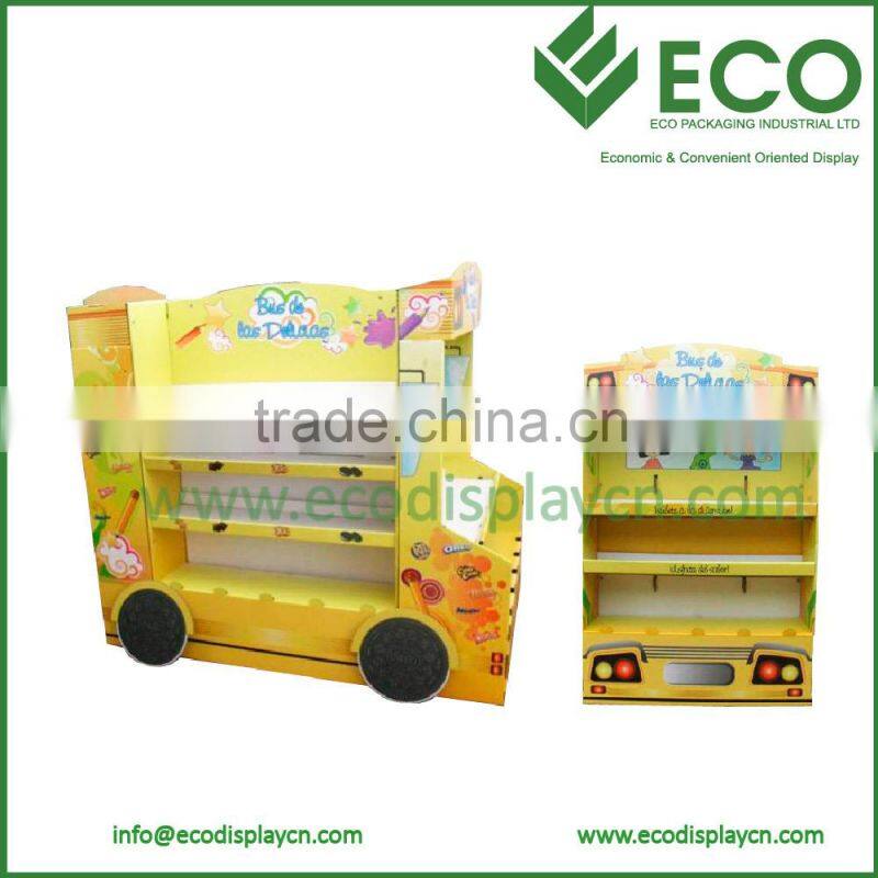 School bus shape for Cardboard book pallet display, advertising display stand