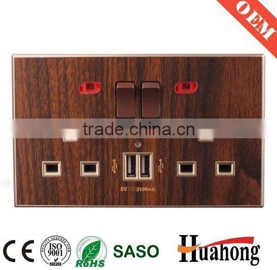 Double 13A multi function grain of wood wall socket with switch