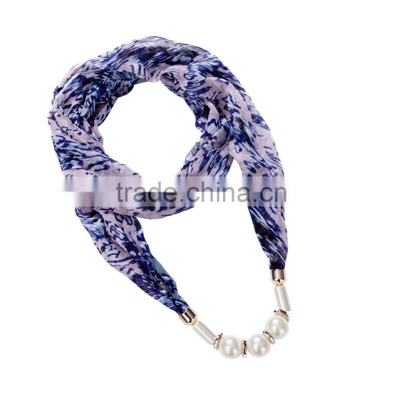 Gorgeous print Scarf necklace decorated with pearl beads necklace chain