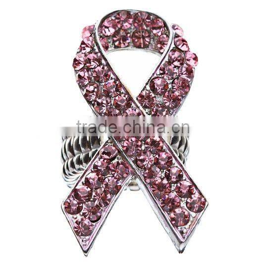 Latest design fashion pink rhinestone ribbon breast cancer awareness sretch ring