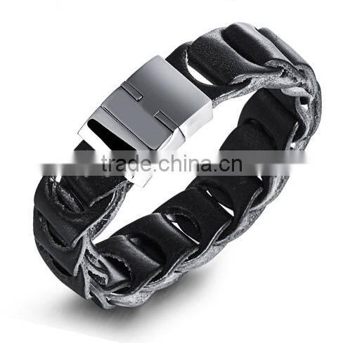 stainless steel genuine leather bracelet