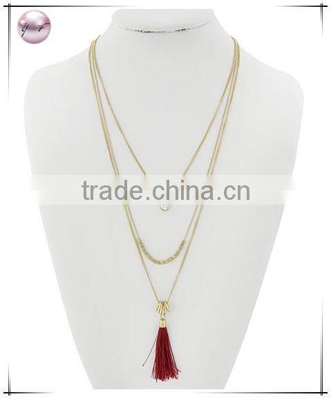 Matte Gold Tone Purple Thread Clear GlassMetal Layer Tassel Pendant Necklace