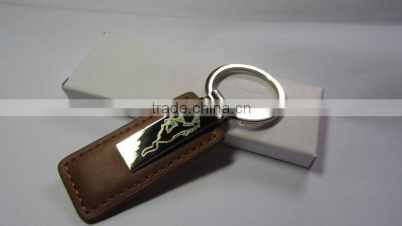 High Quality Advertising Metal Leather Keychain with two keyrings