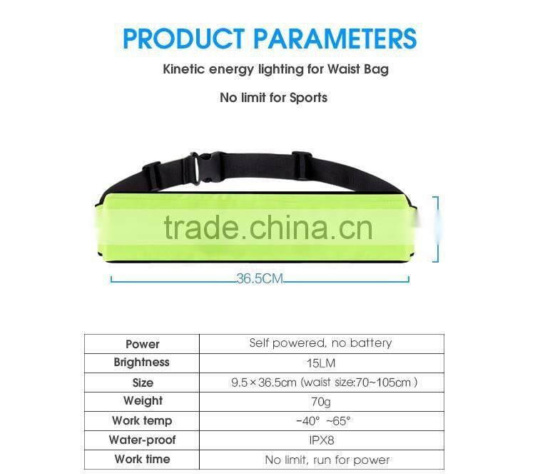 Battery free waist bag with self-powered safety LED light for night runner