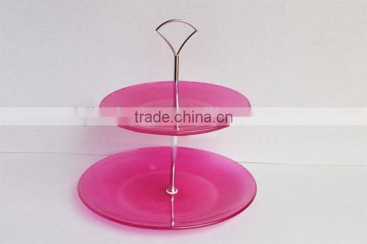 red color glass dinning plate set with sliver plating metal stand