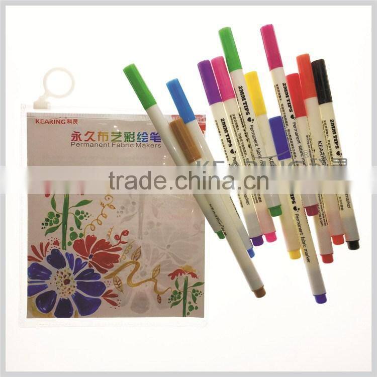 Kearing Permanent Fabric Marker 12 PCS assorted color DIY T Shirt Fabric Marker in Clear Polybag 1.0MM fiber tip #FM112