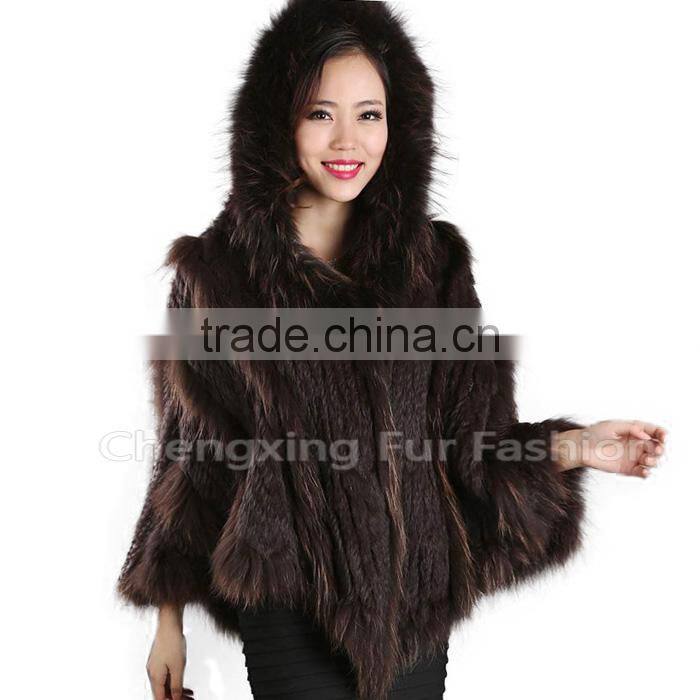 CX-B-95B Wholesale Instant Cape For Women/ Hooded Rabbit & Raccoon Fur Cheap Winter Shawl