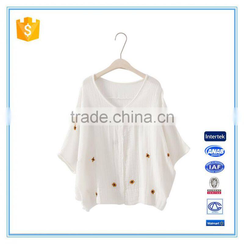 Half Sleeves V Neck Cotton Embroidery Breathable Fashion Lady Shirt