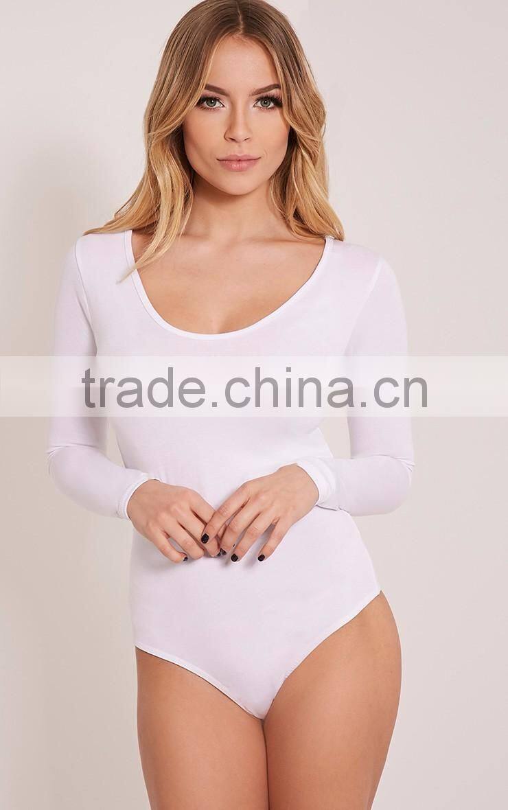 Sexy Tight Ladies Jumpsuit With High Leg Basic White Scoop Neck Thong Bodysuit Long Sleeve