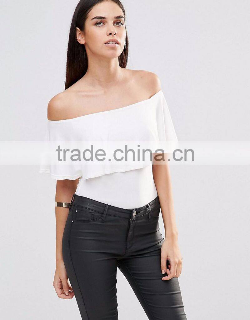 MGOO Women Slinky Bardot Bodysuit With Frill Overlay Plain White Sexy Off Shoulder Bodysuit Playsuit