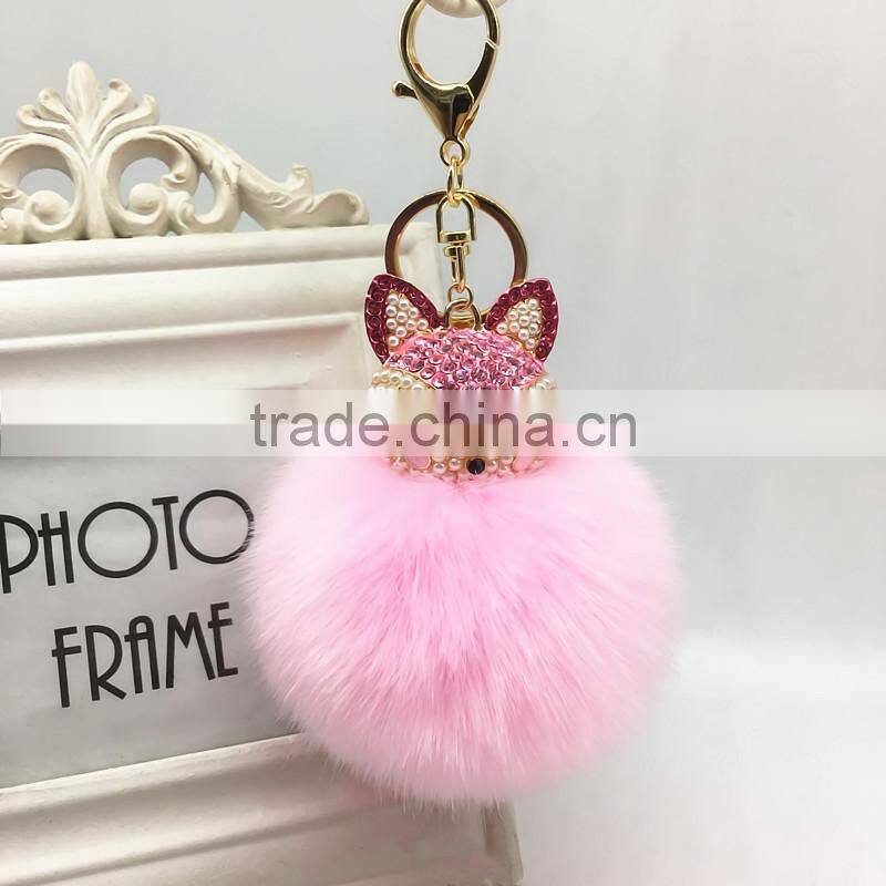 Fahsion Fox Head Faux Fur Keychain HandBag Rhinestone Pendant Charm Soft Car Key Ring 4 Colors fmq-11