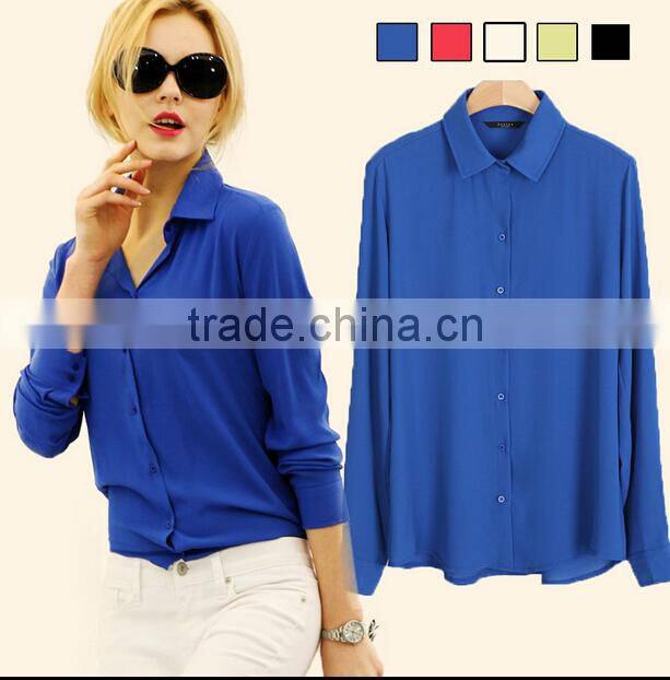 korean style v neck blue chiffon long sleeve blouses/ garment women ladies clothes /