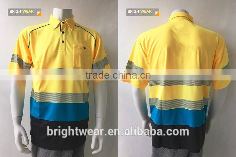 Mens contrast fluorescent 3M tape night use self fabric collar safety reflective polo shirt