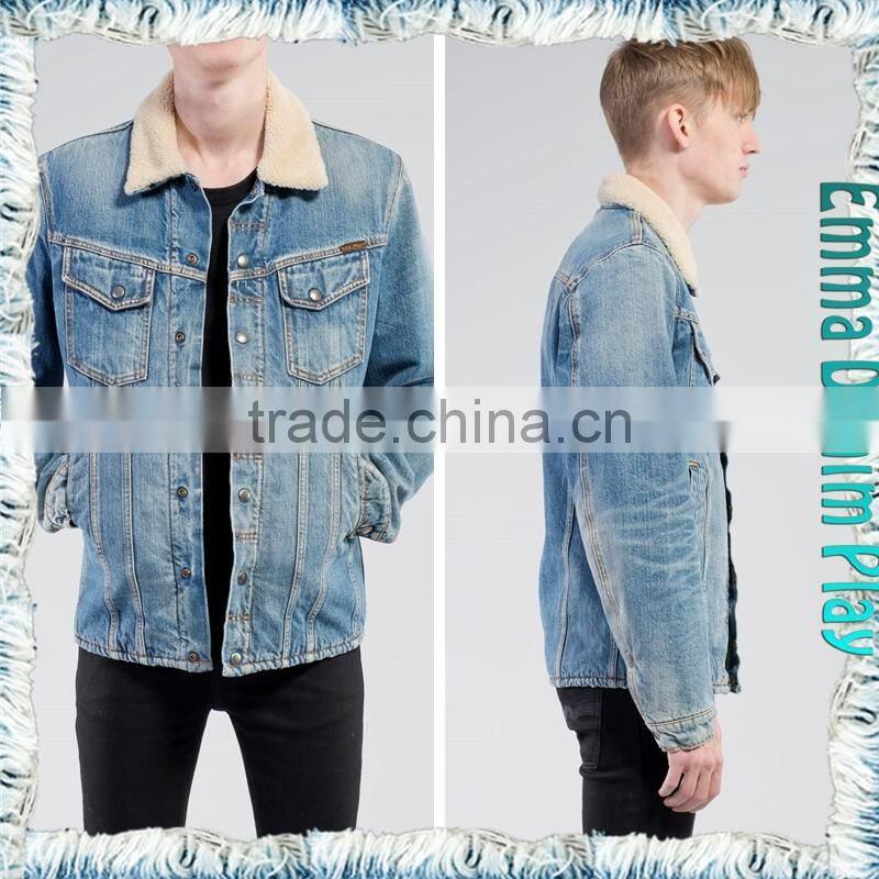 Vogue Style Mens Turn-down Collar Slim Fit Design Fleece Lined Denim Jacket