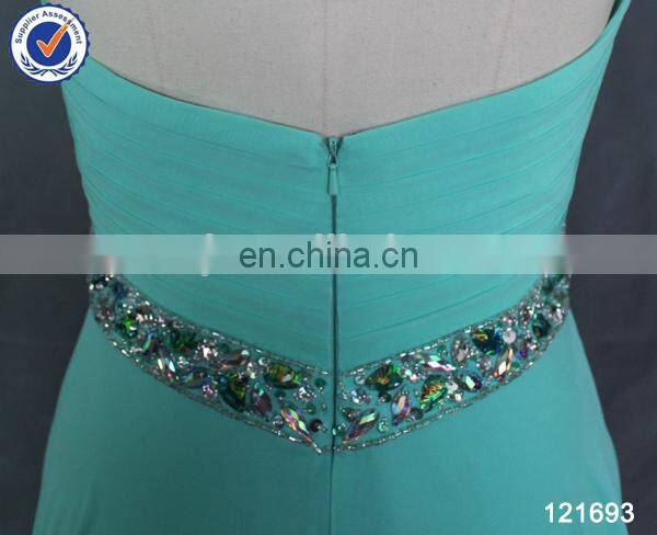 Simple design chiffon sweep train turquoise blue bridesmaid dresses with beaded belt