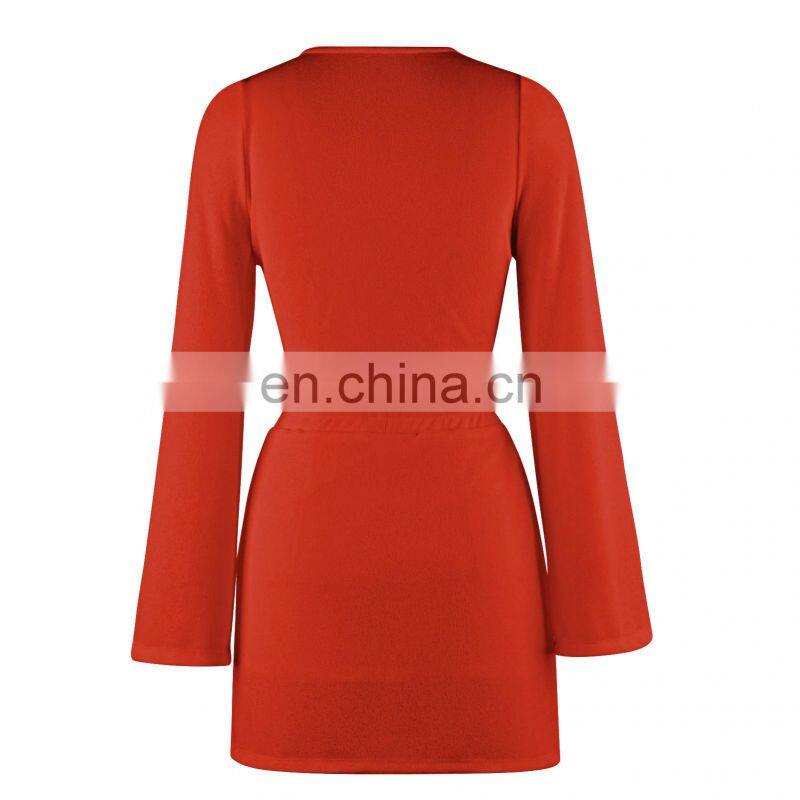 2021 Cross-border New Product Pure Color Women's Fashion Twisted Long Sleeve V-neck Sexy Top Drawstring Short Skirt Autumn Set