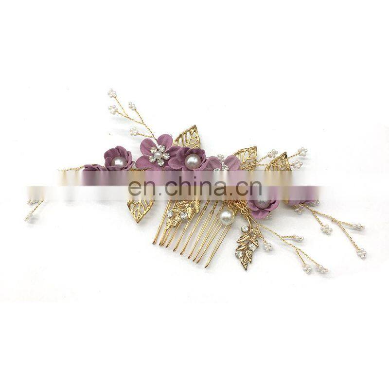 Luxury Blue Flower Hair Combs Headdress Prom Bridal Wedding Hair Accessories Gold Leaves Hair Jewelry