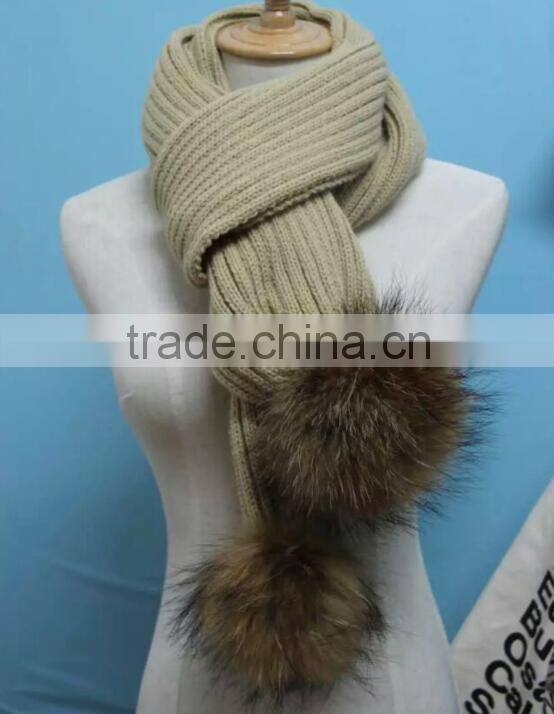 2016 Winter Newest Fashion 100% Real Raccon Fur Pompom Wool Knitted Women Crochet Scarf