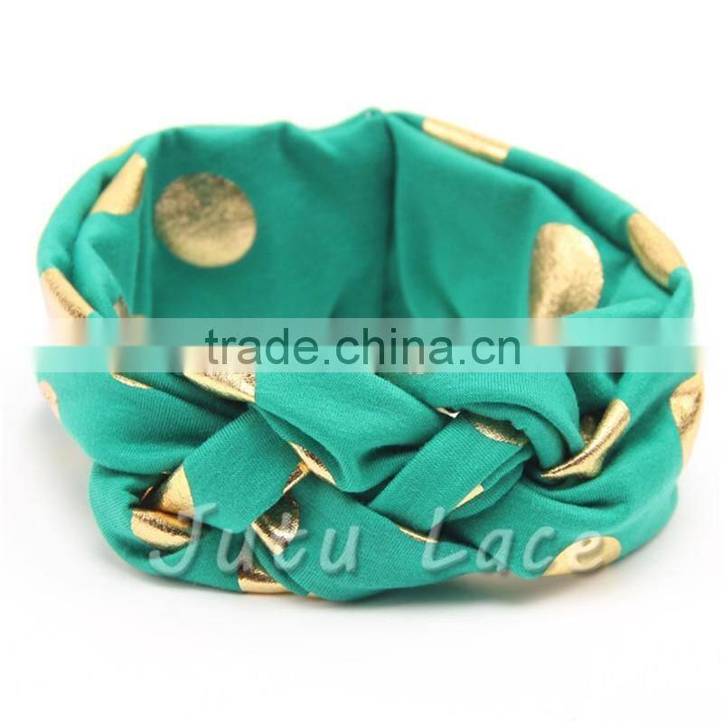 Cotton fabric golden polka-dots bow headbands - foil gold wide elastic knitted headwraps