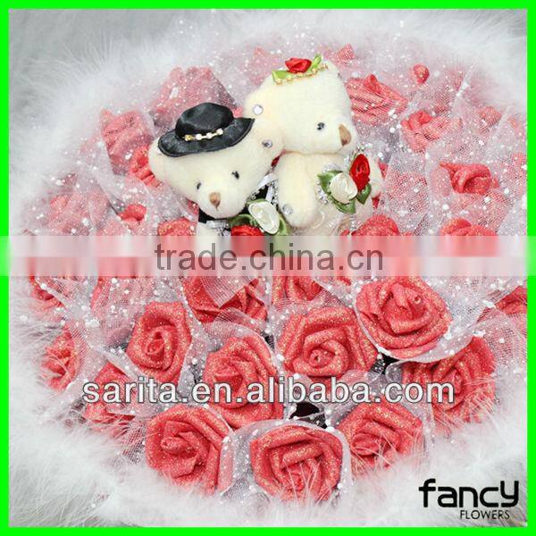 couples lovely teddy bears 38 pink roses plush doll bouquet toy originality artificial flowers romantic birthday festive gift