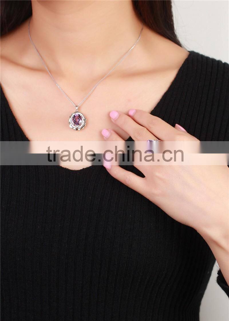 hot sale jewellery set 18K gold plated 925 sterling silver precious natural amethyst gemstone pendant ring jewelry set