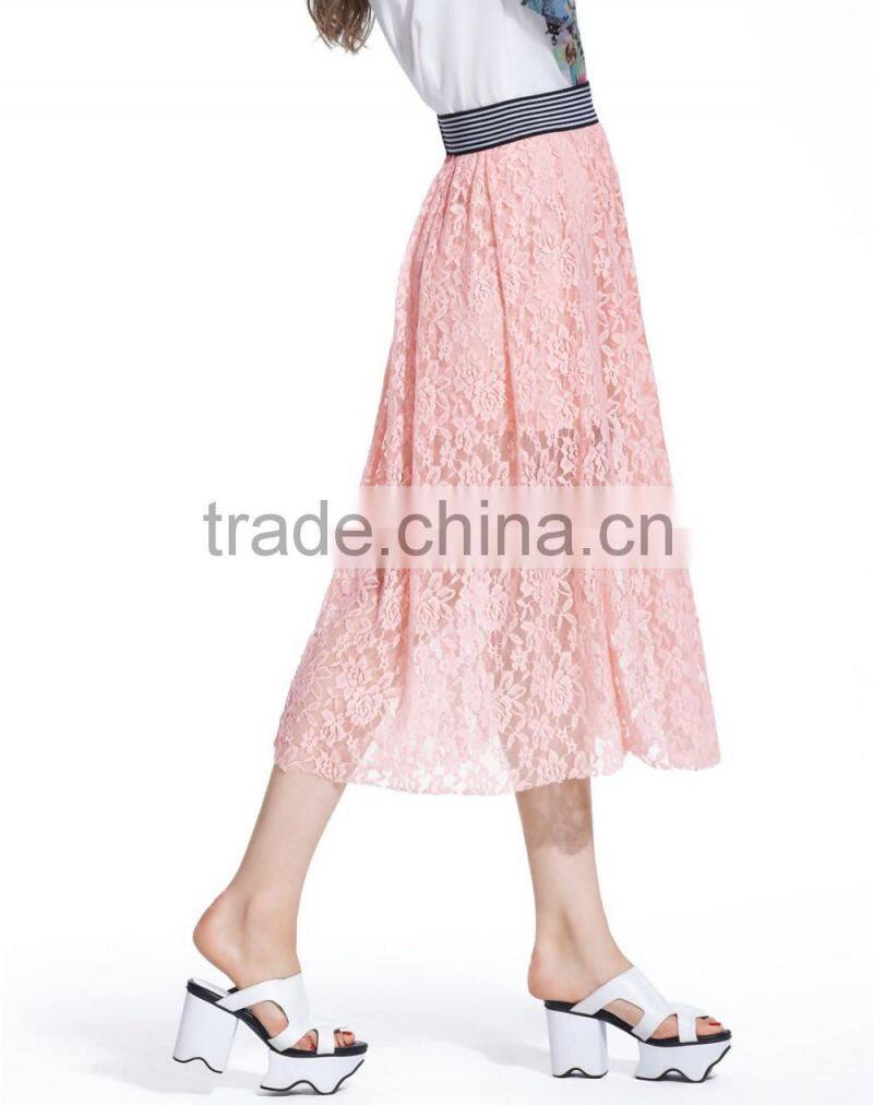 2016 Fashion Women Black Hollow Lace Midi Skirt