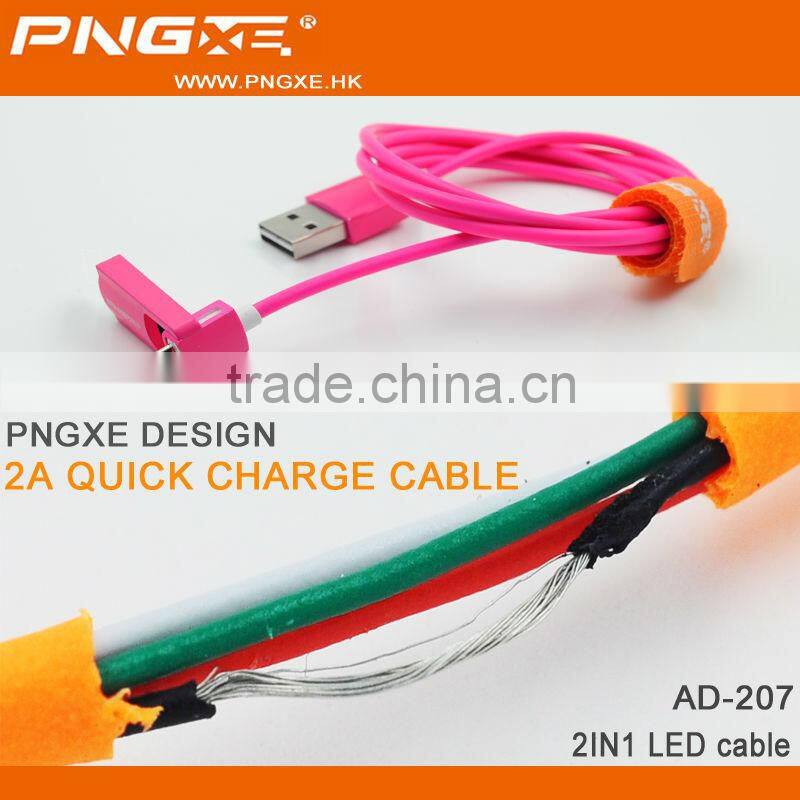 wholesale colorful fast charger micro to 8 pin 2 in 1 led usb cable