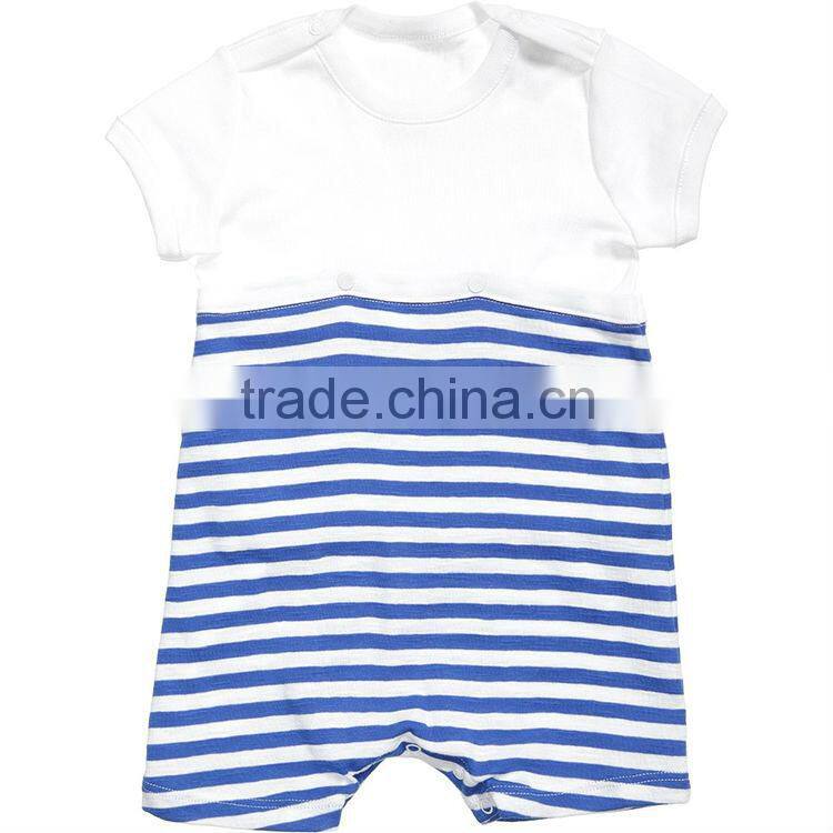 2014 new arrival cotton white plain shirt and blue striped shorts 2 pieces baby romper suit