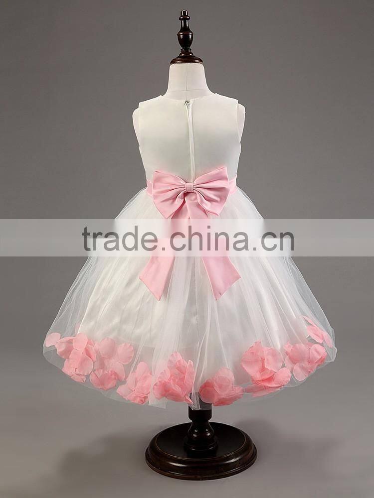 New Cute Sleeveless O-Neck Waist Flower Back Bow Petal Hem Cute Dress Communion Flower Girl Pageant Illusion Petal Dress