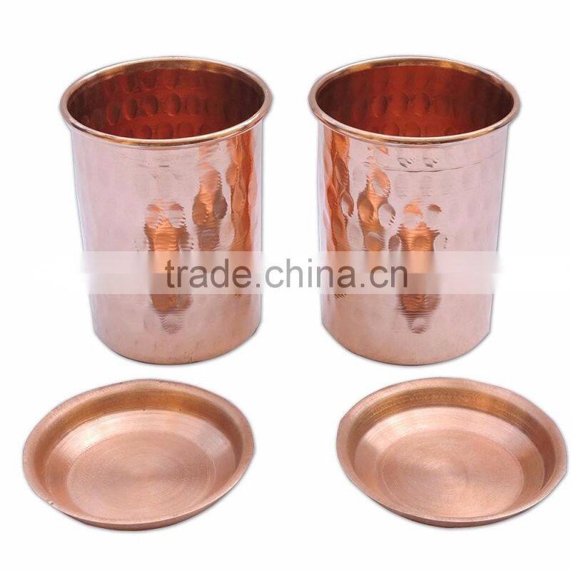 Hammered Copper Tumbler Set of 2 with LID | Traveller's Copper Mug