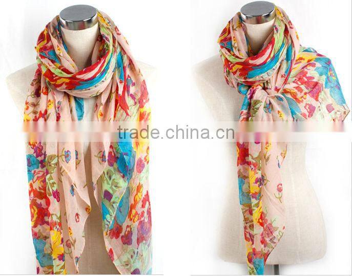 Wholesale Fashion Women Cotton Linen Rural Style Flower Beautiful Long Silk Scarf Shawl