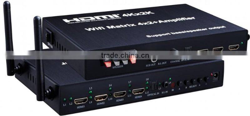 WIFI HDMI Matrix 4x2 + Amplifier (Support IOS/Android WIFI display, 4Kx2K,Bass/speaker output)