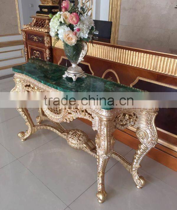Antique European Natural Malachite Top Console Table, Fine Carved Decorative Console Table