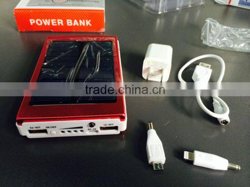High quality Solar power bank capacity 10000mAh with AC charger and USB cord for mobile phones and USB devicecs