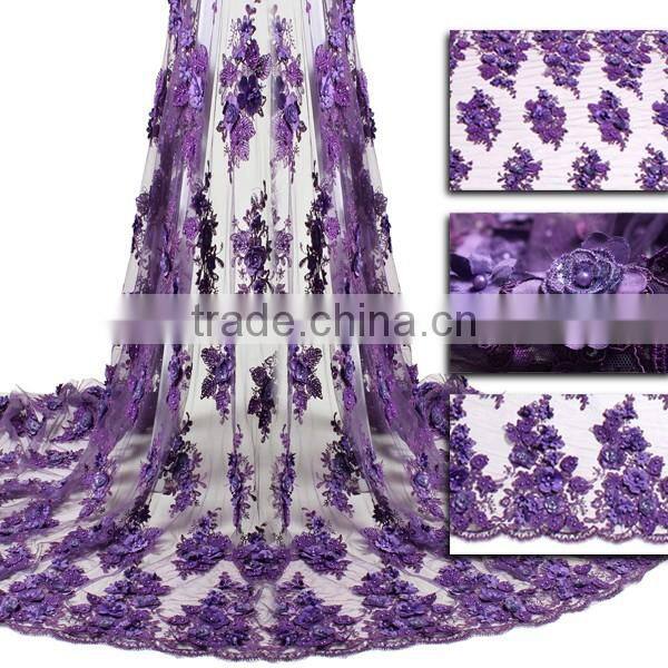 Hot Design Bestway 3d Flower French Tulle Lace Fabric With Beads And Stones For Party Dress FL0167