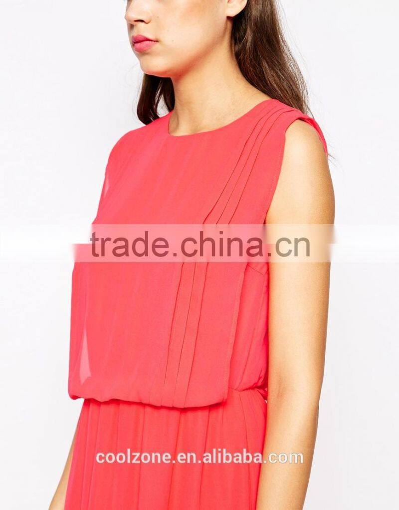 100% Polyester pleated details maxi dress lady chiffon maxi dresses