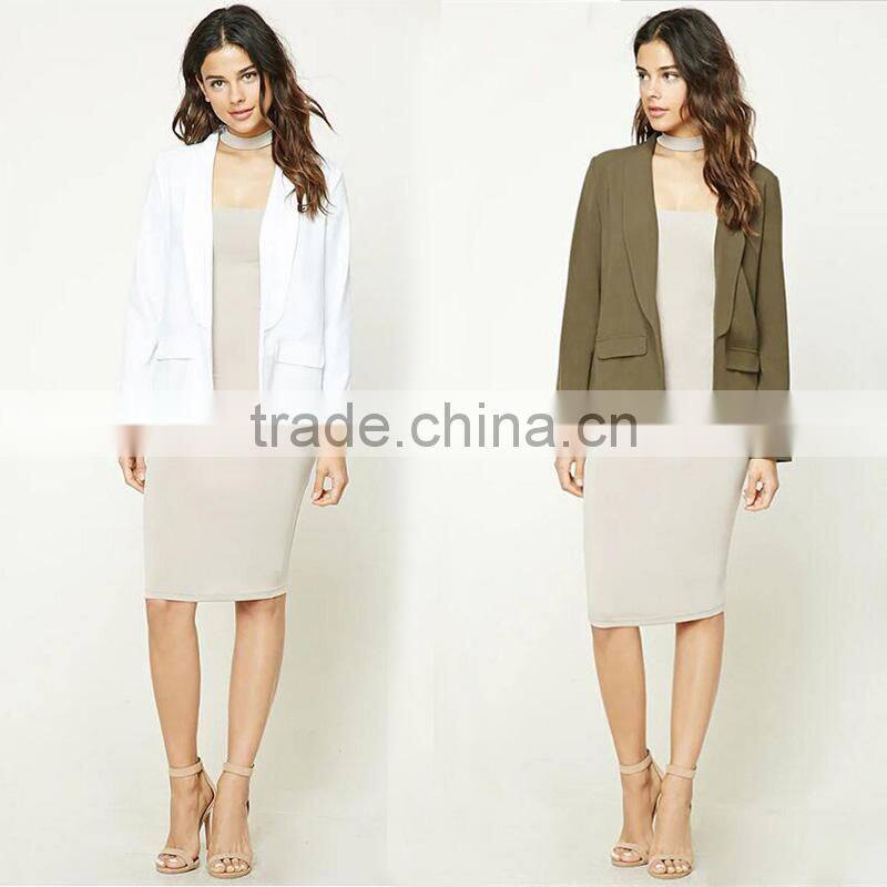 Ladies office open front dropped lapels longline silhouette blazer coat