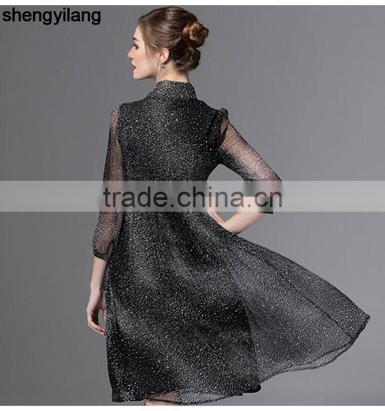 ladies floral printed literary traditional silk dress with knot neck