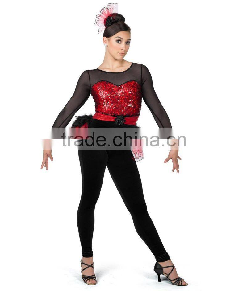 New arrival tap and jazz costumes- sequin leotard black long pants costumes with short skirts