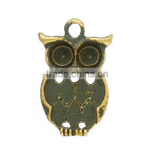 Charm Pendants Owl Halloween Ornaments Gold Plated(Can Hold ss16 Rhinestone) Army Green Spray Painted 22mmx14mm