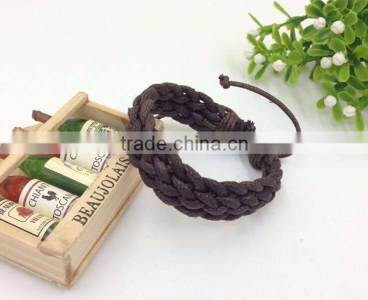 Mens Leather Wax Cord Bracelet Woven Braided Wristband Adjustable Leather Cord Bracelet for Men