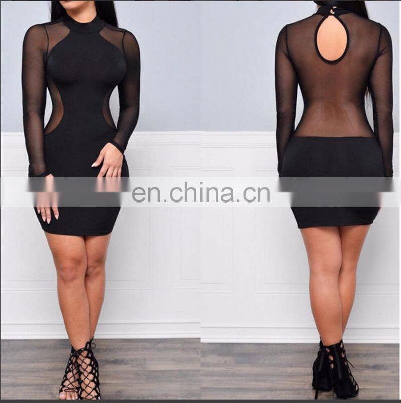 Europe And America Long Sleeve Grenadine Sexy Perspectivity Package Hip One-Piece Dress